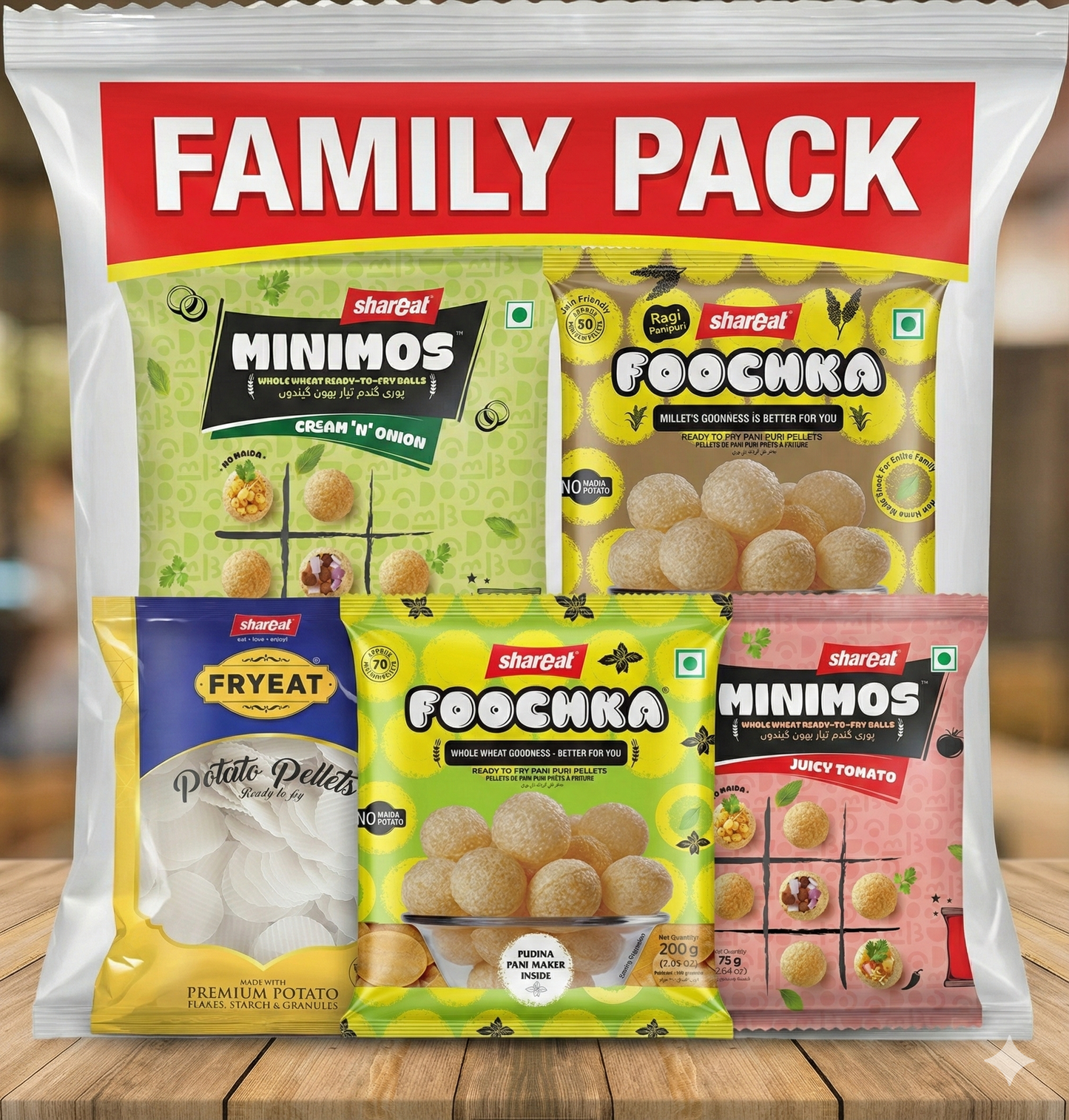 Family Pack- Whole Wheat and Ragi Pani Puri Pellets, Potato Pellets and Minimos