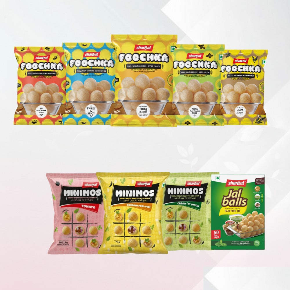 Party Pack - Whole Wheat Paini Puri and Ragi Pani Puri with Different Pani makers, Minimos, & Jall Ball Mint Kit