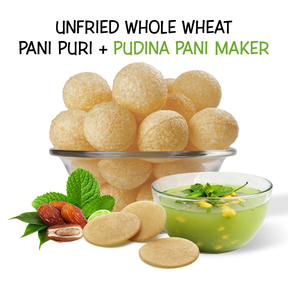 Party Pack - Whole Wheat Paini Puri and Ragi Pani Puri with Different Pani makers, Minimos, & Jall Ball Mint Kit