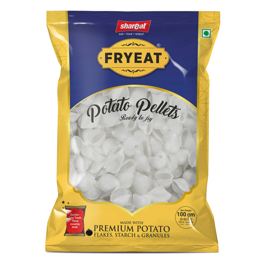 Shell-shaped Fryeat potato pellets, raw and fry-ready, 100g