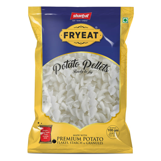 Fryeat spiral potato pellets, 100g pack for crispy delights.